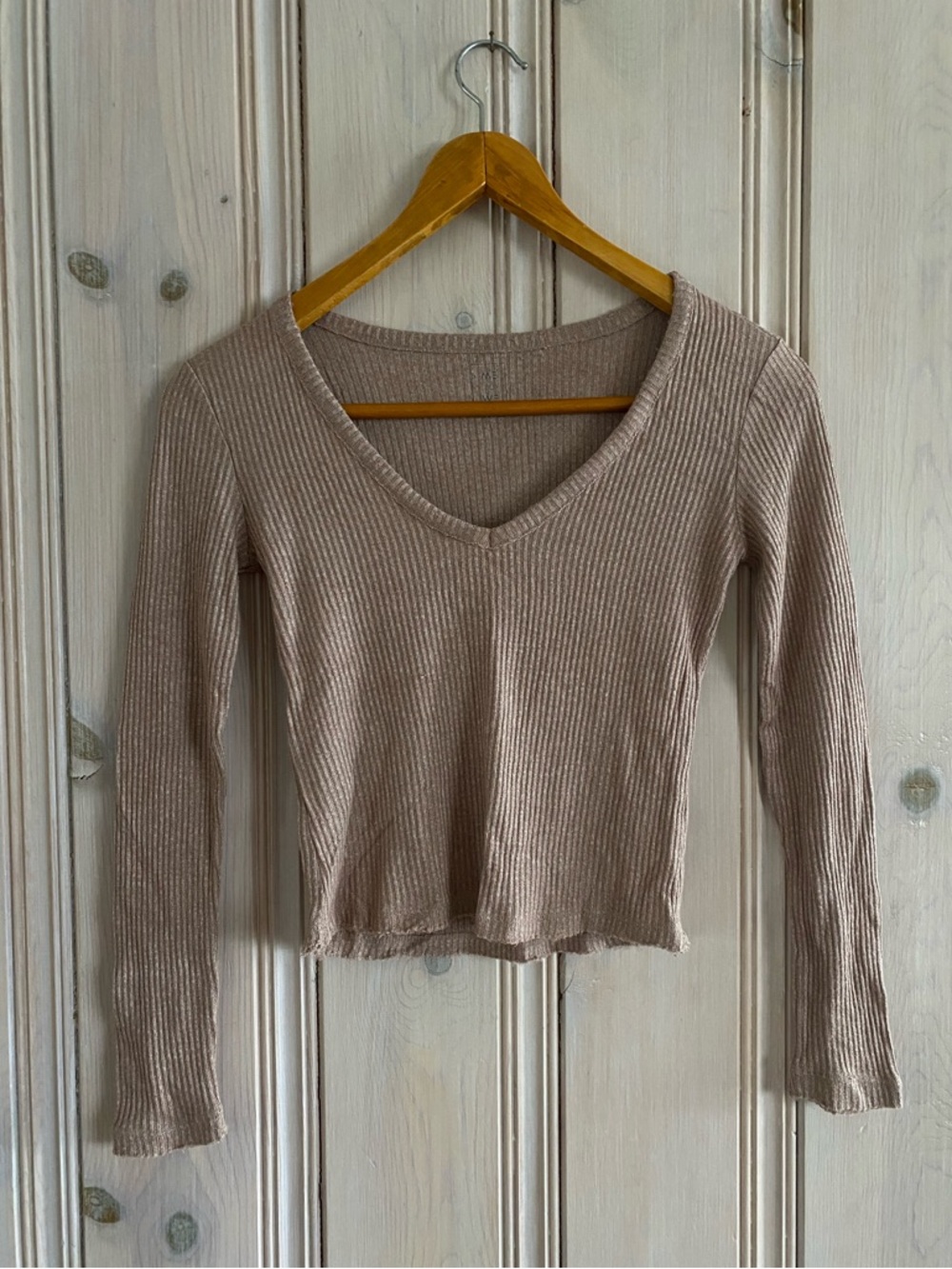 Me to We Ribbed V-Neck Distressed Long Sleeve Top - Taupe